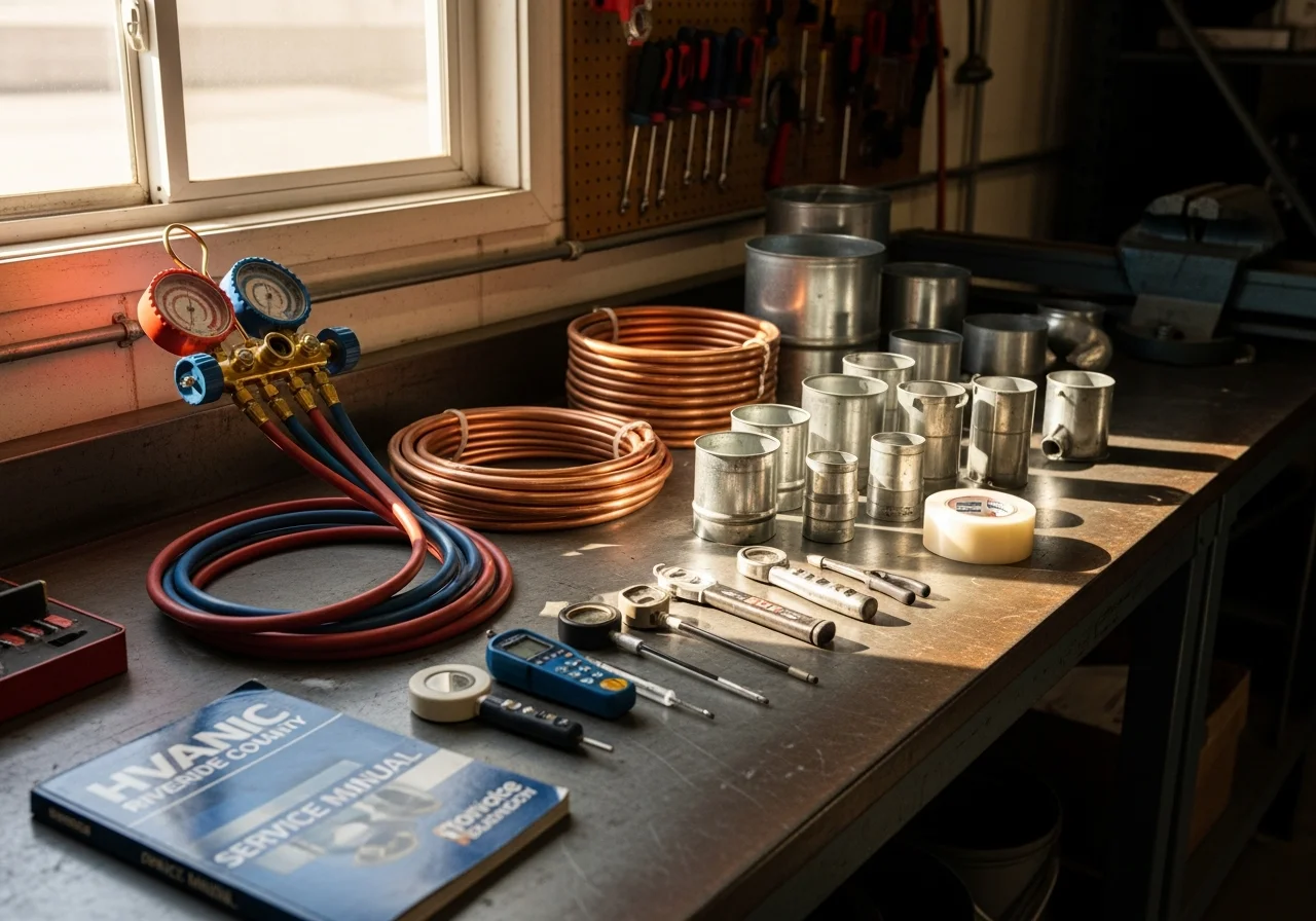 HVAC technician tools and equipment arranged on a workbench, ready for installation and service calls.