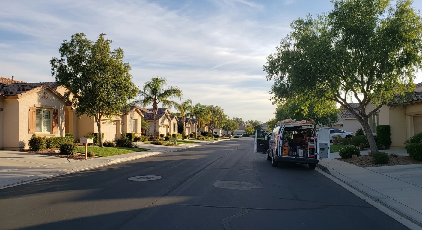 Temecula residential street with mature landscaping and master-planned community homes under clear sky.