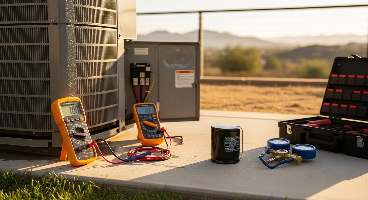 An Air Doc LLC technician inspecting and cleaning the outdoor condenser unit of a residential AC system at a Temecula home. The technician checks coil condition and electrical components during a scheduled maintenance visit.