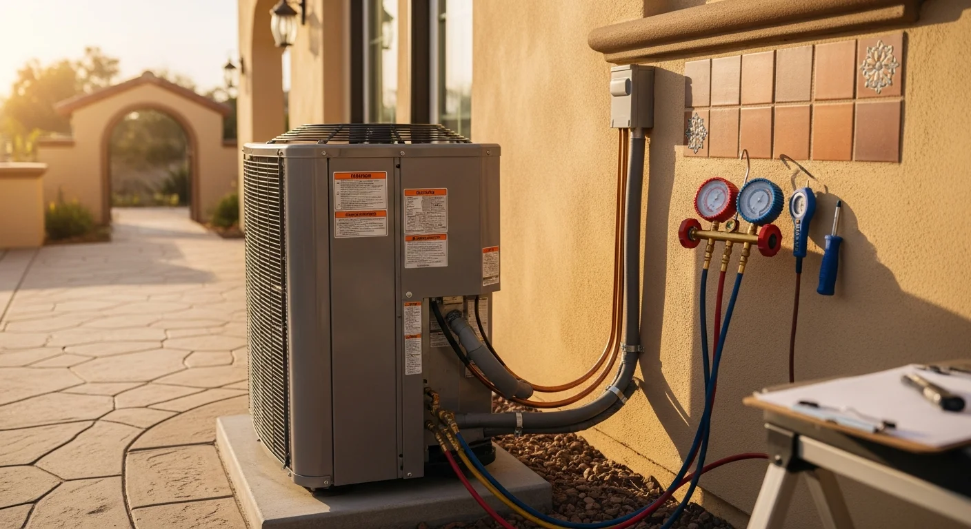 A newly installed residential air conditioning condenser unit mounted on a concrete pad beside a Spanish Revival-style home in Temecula, CA. A technician in a work uniform checks the electrical connections on the outdoor unit during final system testing.