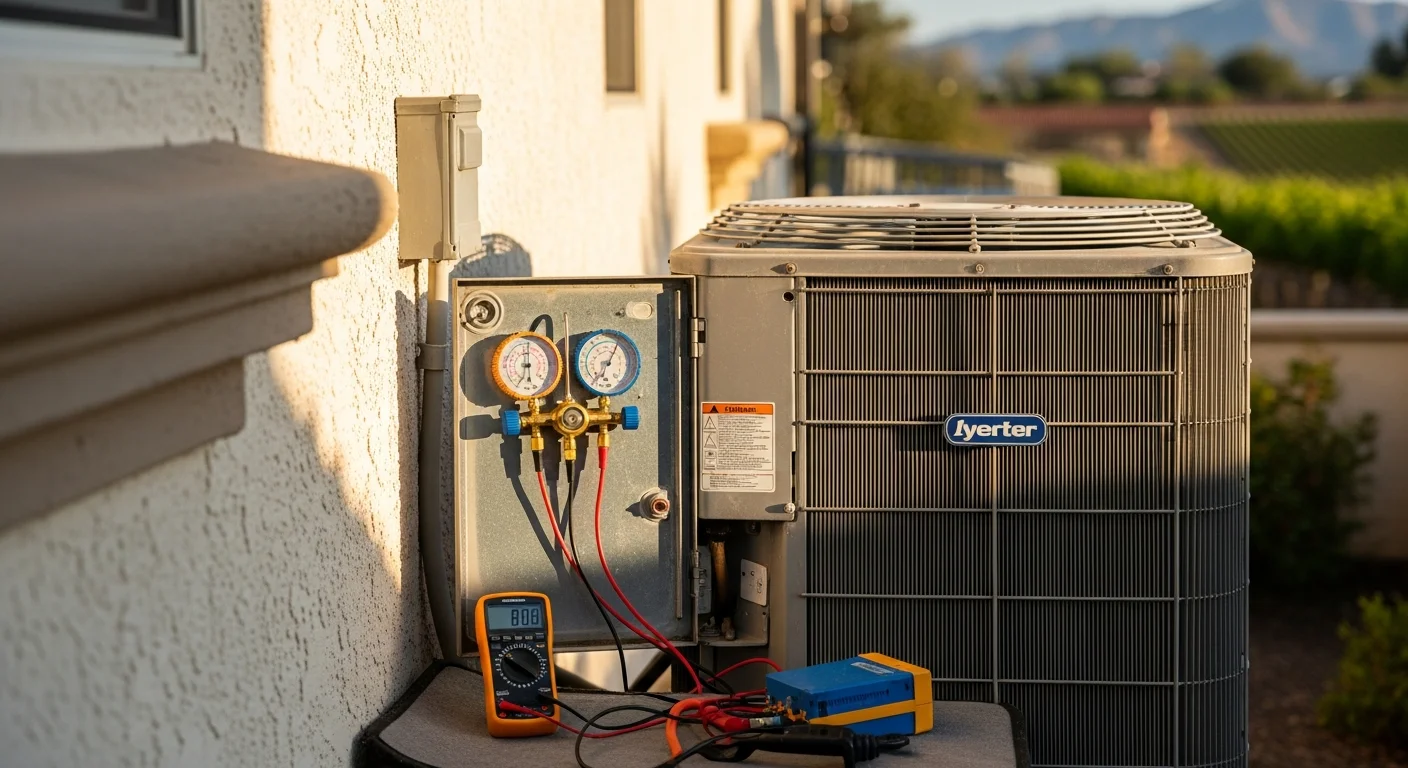 An Air Doc LLC technician inspecting a residential central air conditioning unit at a single-family home in Temecula, CA. The outdoor condenser unit sits beside a stucco exterior wall typical of master-planned neighborhood homes in the area.