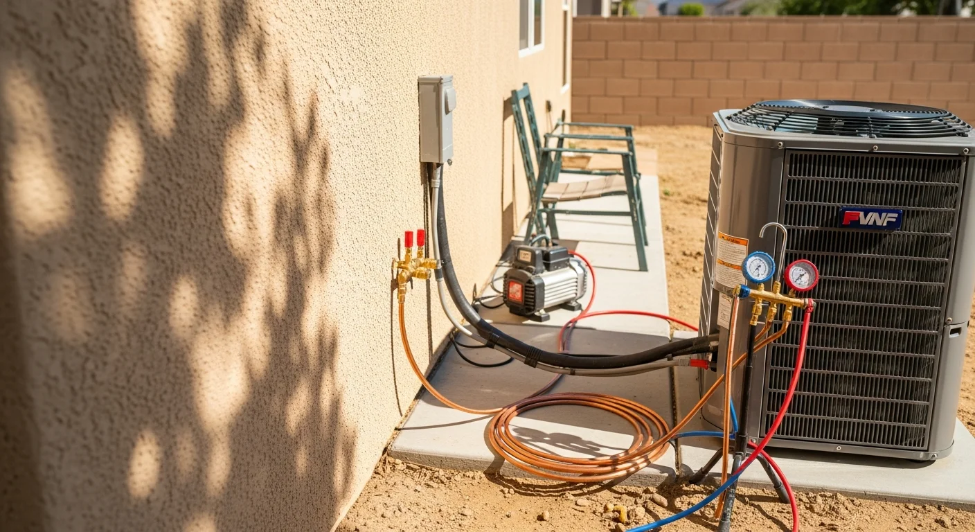 A newly installed central air conditioning unit on the side of a Temecula home, with clean refrigerant lines and a concrete pad visible in a dry Southern California landscape. An Air Doc LLC technician checks system connections after completing the replacement.