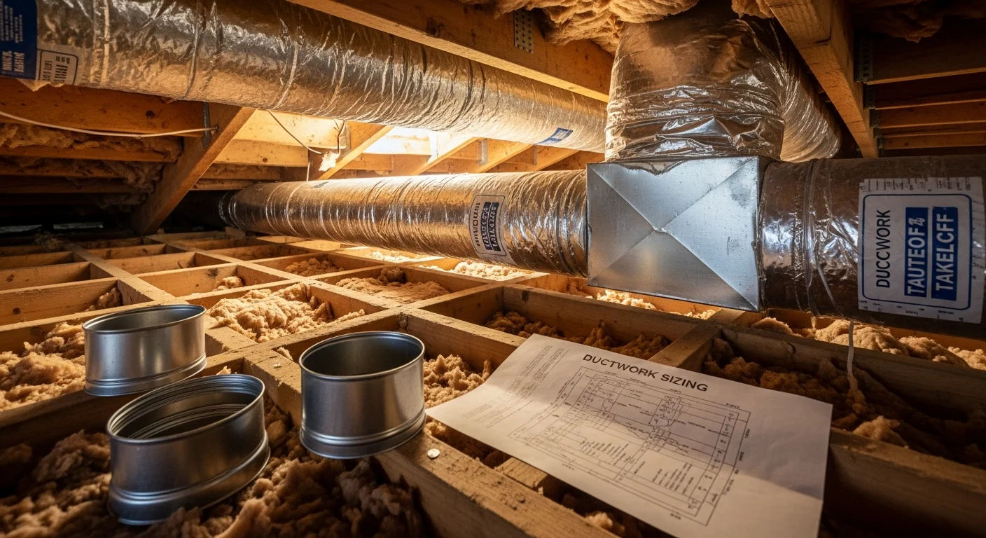 An HVAC technician from Air Doc LLC installing insulated ductwork in the attic of a Temecula home. Sealed duct joints and wrapped insulation are visible against the attic framing.