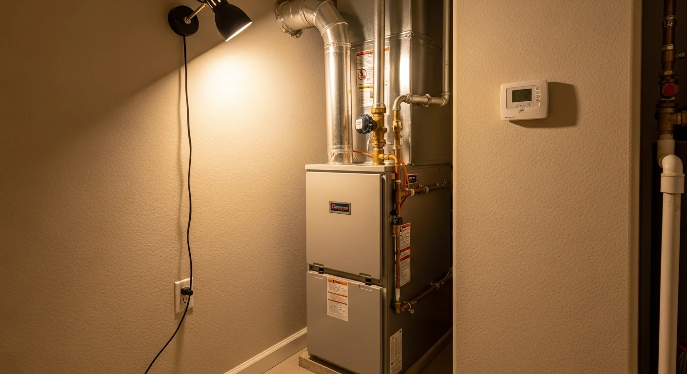 A newly installed furnace unit inside a Temecula home utility closet, with clean duct connections and a thermostat wire visible. A technician from Air Doc LLC checks airflow output at a nearby wall vent.