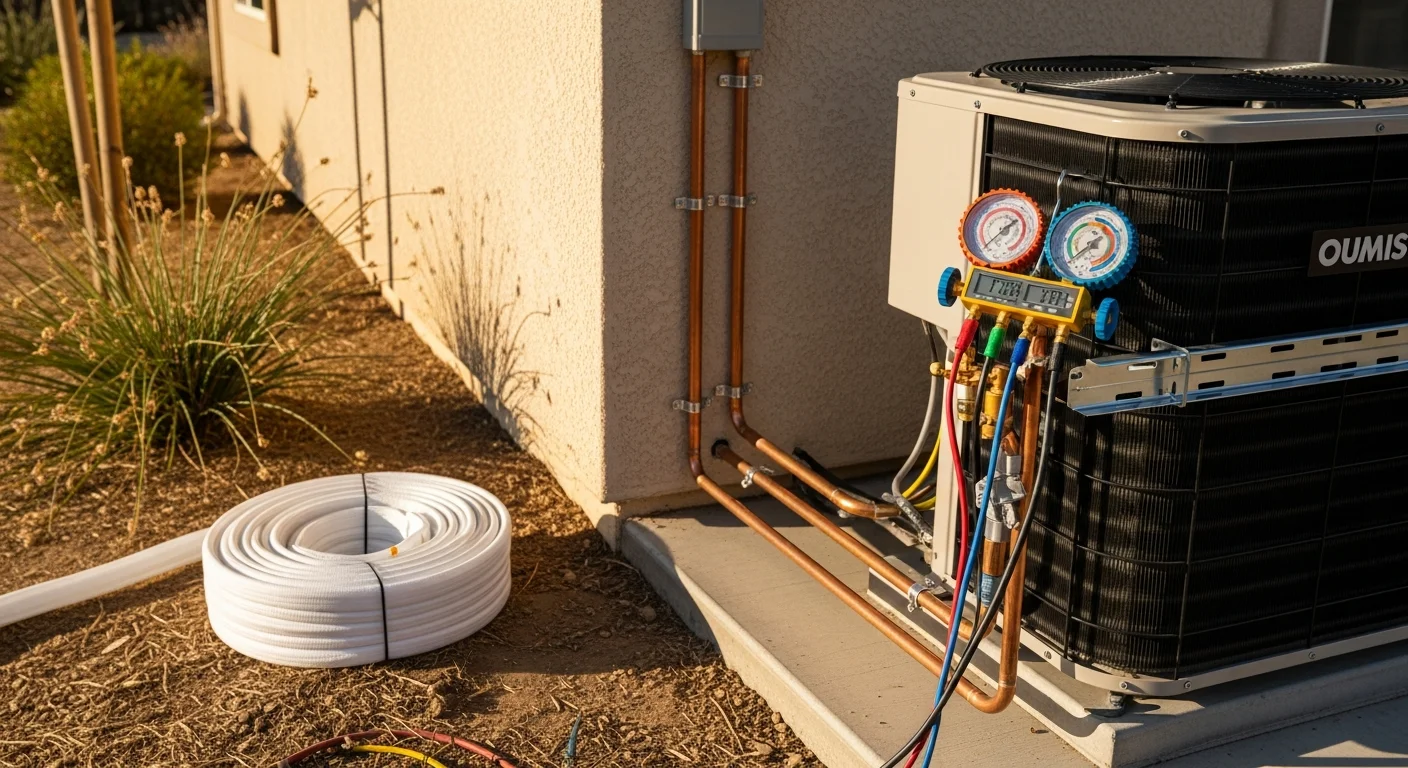 A newly installed heat pump outdoor unit mounted on a concrete pad beside a single-family home in Temecula, California. A technician from Air Doc LLC checks electrical connections at the unit during the commissioning process.