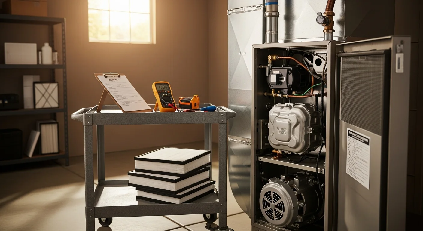 An Air Doc LLC technician inspecting the internal components of a residential furnace during a heating maintenance visit in Temecula, CA. The technician checks the burner assembly and blower motor inside a home utility room.