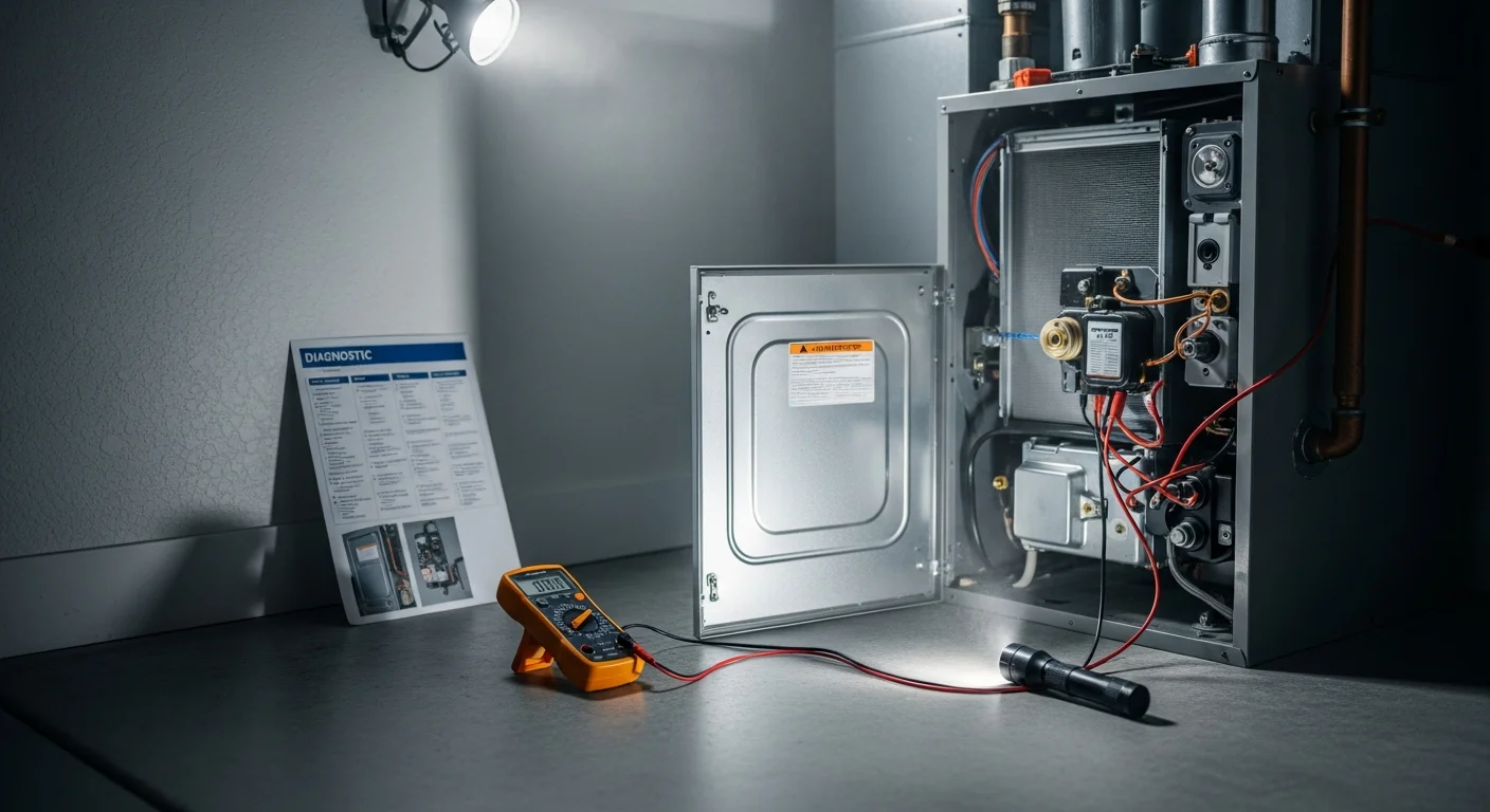 An Air Doc LLC technician inspecting the interior components of a residential furnace in a Temecula home. The technician is checking the heat exchanger and blower motor with diagnostic tools on a cool winter day.