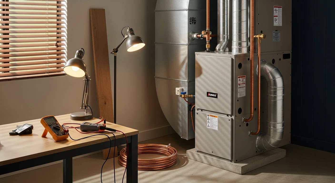 A newly installed residential heating system in a Temecula home utility closet, with clean ductwork connections and a modern air handler replacing an older unit. The installation shows tidy line sets and a properly mounted system ready for operation.