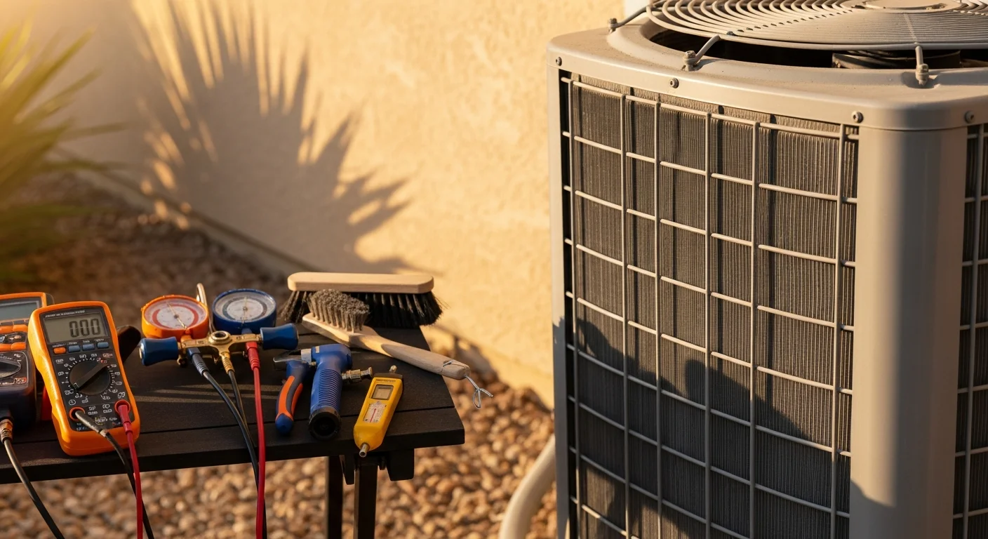 An Air Doc LLC technician cleaning the condenser coil on a residential HVAC unit outside a Spanish Revival-style home in Temecula, California. The outdoor unit sits on a concrete pad beside a stucco wall under a clear Southern California sky.