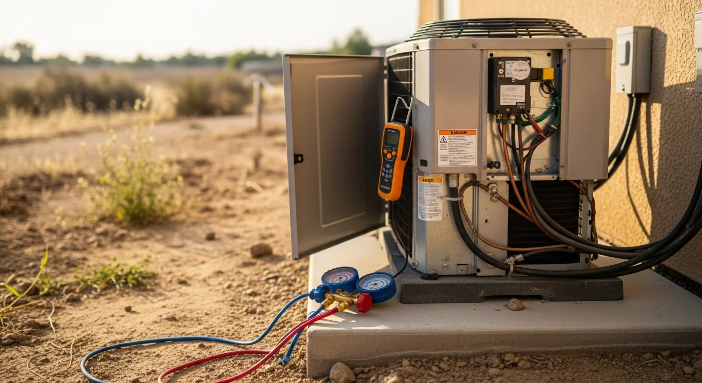 An Air Doc LLC technician inspecting an outdoor HVAC condenser unit at a residential home in Temecula, California. The unit sits beside a stucco exterior wall typical of master-planned community homes in the area.