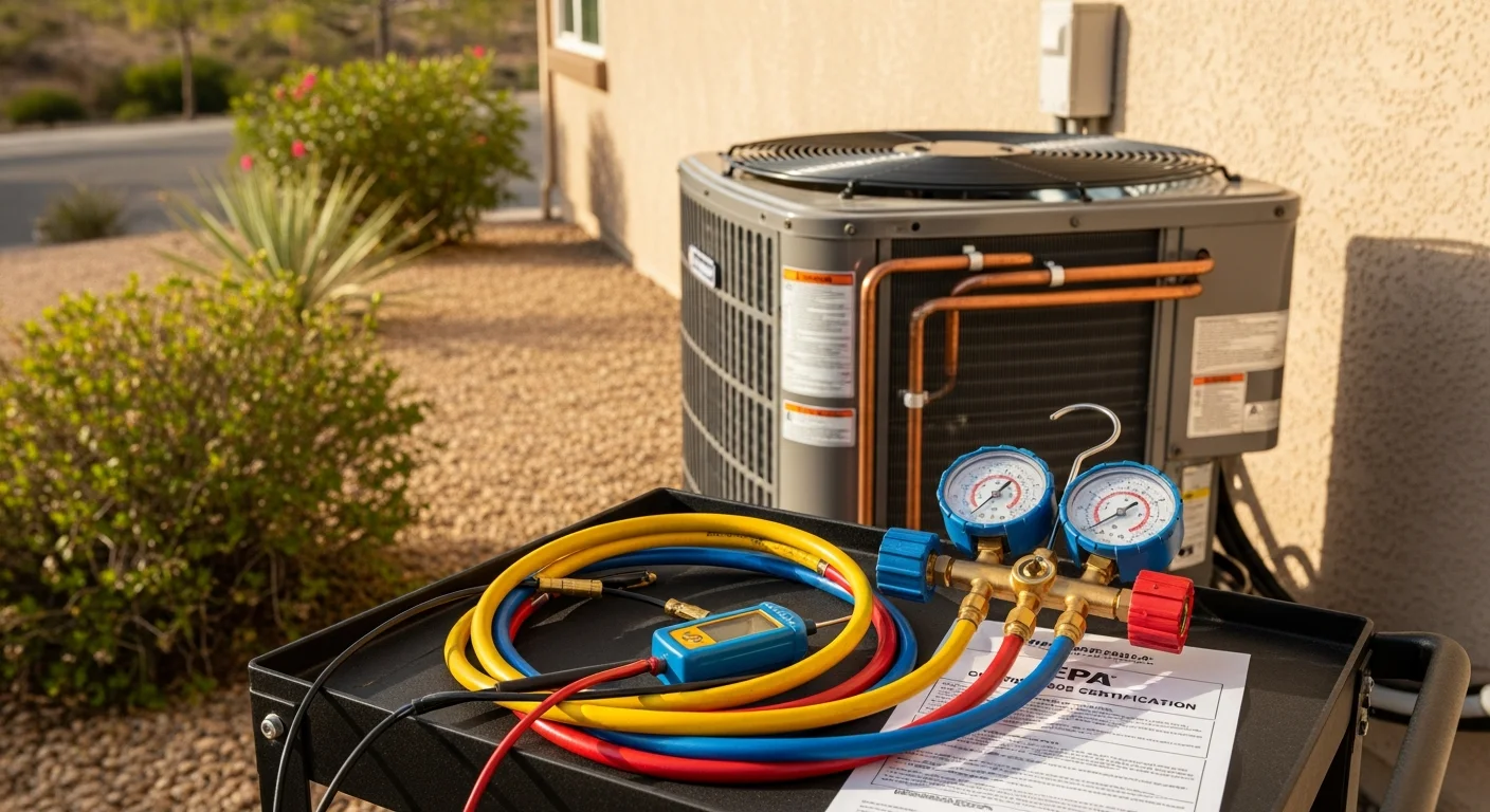 An Air Doc LLC technician connecting refrigerant gauges to a residential central AC unit outside a single-family home in Temecula, California. The outdoor condenser unit sits on a concrete pad with a clear blue sky and dry hillside visible in the background.